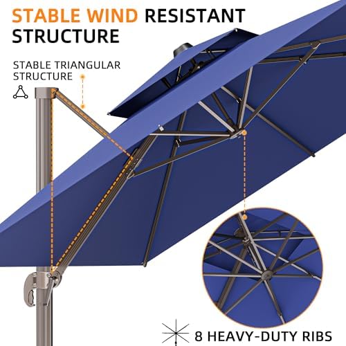 9' X 12' Cantilever Outdoor Patio Umbrellas Double Top Large Rectangle Umbrella Heavy Duty 360°Rotation Offset Umbrella for Garden Deck Pool Patio,Navy Blue