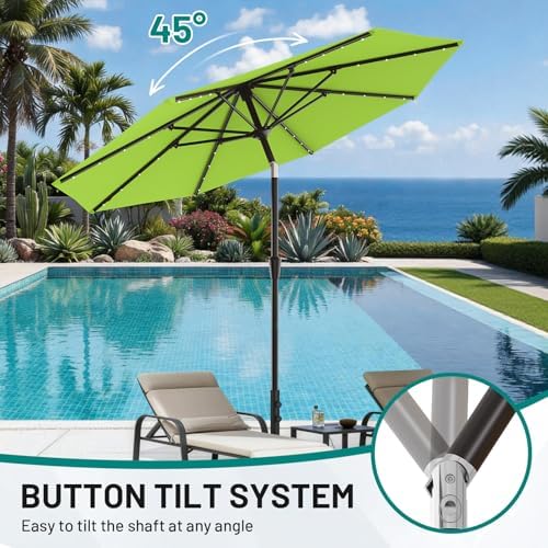 AreShark 9FT Patio Umbrella with Solar Lights, 32 Lighted Pool Umbrella w/Tilt and Crank, Outdoor Market Solar Umbrellas for Garden, Deck, Backyard, Pool and Beach, Apple Green