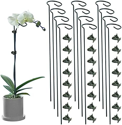 12 Pack Plant Support Stakes with 24 Pcs Plant Clips, Garden Single Stem Support Stake, Plant Cage Support Ring for Indoor Outdoor Flowers Rose Amaryllis Tomatoes Peony Lily Orchid (16 Inch)
