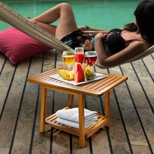 ENKEZI Acacia 24 Inches Outdoor Side Table, 2-Tier Sturdy Patio, End