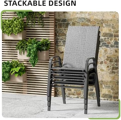Patio Chairs Set of 4, Outdoor Stackable Dining Chairs for All Weather, Breathable Outdoor Furniture for Backyard Deck Garden Lawn, Dark Grey