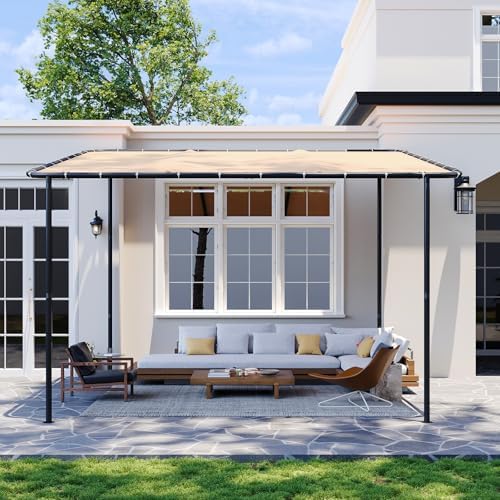 10x12 Lean to Pergola Outdoor Gazebo with Water Resistant & UV-Resistant, Sloped Roof Awning Wall-Mounted Canopy for Patio Backyard, Deck, or Garden Khaki