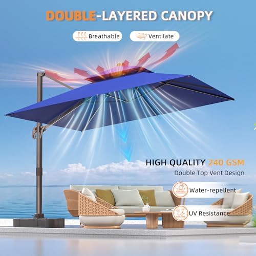 9' X 12' Cantilever Outdoor Patio Umbrellas Double Top Large Rectangle Umbrella Heavy Duty 360°Rotation Offset Umbrella for Garden Deck Pool Patio,Navy Blue