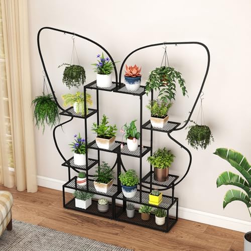 Giantex 2 Pack 6-Tier Plant Stand Indoor, Butterfly-Shaped Metal 73” Tall Ladder Plant Shelf w/ 4 Hanging Hooks, Outdoor Flowerpot Display Rack for Multiple Plants Living Room Balcony Patio Garden