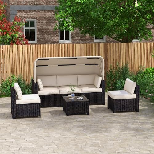 BROVAVE 83" Outdoor Rattan Sofa,6 Pieces Sets Patio Furniture with Retractable Canopy,Sectional Couch with Adjustable Backrest for Backyard,Garden,Poolside,Antique Grey White
