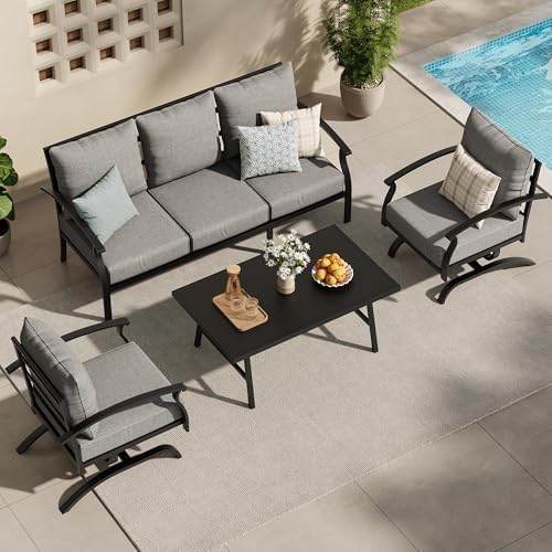 ALAULM 4 Piece Patio Furniture Set,Outdoor Metal Patio Furniture with Coffee Table & Rocking Chairs Conversation Set for Porch,Backyard,Poolside, Garden-Grey