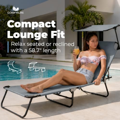 ComfySure Folding Outdoor Lounge Chair with Canopy - Portable & Adjustable Beach Lounge Chair - 5-Positions, Carry Handles, 600D Fabric, 220 lbs Capacity – Tanning Chaise Lounge for Beach, Patio