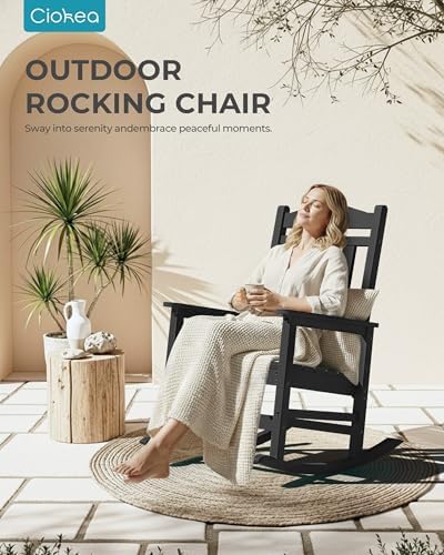 Ciokea Oversized Outdoor Rocking Chairs Set of 2, 380lbs Heavy-Duty Large Patio Rocker, High Back Cozy Porch Chairs, Weather Resistant Patio Rocking Chairs for Outside, Fire Pit, Deck, Black