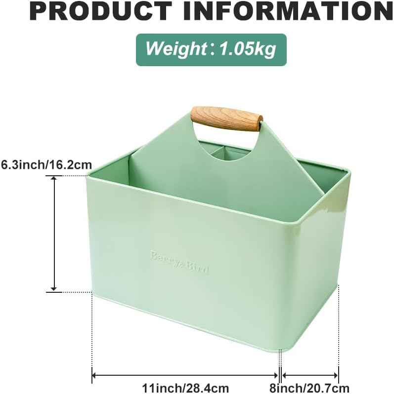 Berry&Bird Garden Tool Organizer, Metal Garden Caddy with 4 Compartments | Gardening Tools Box for Indoor & Outdoor, Wooden Handle Garden Tool Basket, Practical Gardener Gift for Gardening Lovers