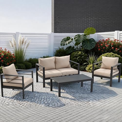 Metal Outdoor Coffee Table, Rectangle Patio Coffee Table, All-Weather Coffee Side Table for Balcony, Poolside, Deck, Garden, Dark Grey
