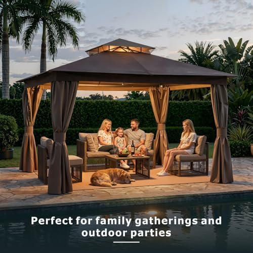 10'x12' Outdoor Patio Gazebo Canopy with Double Roofs and Mosquito Nettings