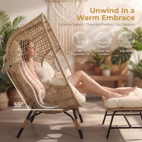 NICESOUL® Double Egg Chair Indoor Outdoor Stationary Oversized 6.5" Thick Padded Cushions,2 Person Egg Wicker Loveseat Chair, Extra Large Lounge Chair for Patio Balcony Porch Backyard Beige