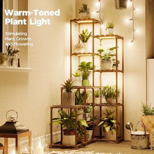 Bamworld Corner Plant Stand With Grow Lights - Tall Shelf Indoor Outdoor