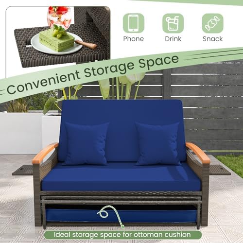LDAILY Moccha Outdoor Wicker Daybed, Patio Rattan Loveseat Sofa w/ 4-Level Adjustable Backrest, Folding Panels, Storage Ottoman & Cushions, Lounge Furniture Set for Poolside Backyard Porch (Navy)