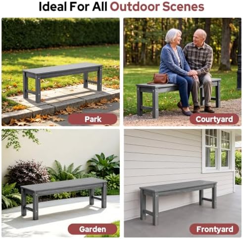 Psilvam 47" HDPE Outdoor Bench for 2-Person, 700 LBS Capacity, Light Grey
