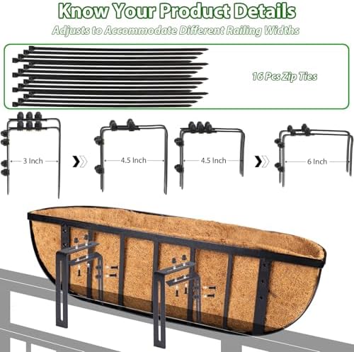 LCHUANG Railing Planter Window Box - 4 Pack 24 Inch Deck Balcony Rail Planter with Coconut Coir Liner, Fence Metal Hanging Flower Basket Deck Railing Planter Boxes for Outdoor Garden
