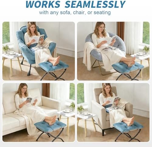 HollyHOME 15"(H) Folding Footrest Stool, Upholstered Small Foldable Ottoman, Accent Padded Sofa Foot Stool for Lazy Chair, Metal Frame Portable Foot Rest Ottoman for Home, Living Room, Bedroom, Blue