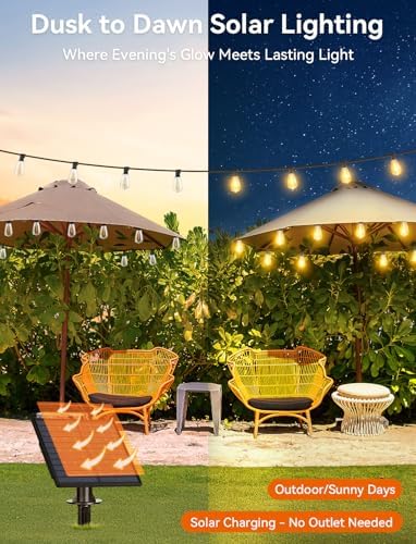 Brightever 36FT Solar String Lights Outdoor Waterproof with Remote, 12+1 Shatterproof ST38 LED Bulbs, Warm White & 3 Lighting Modes, Dimmable Outdoor Solar Lights for Patio, Camping, Party