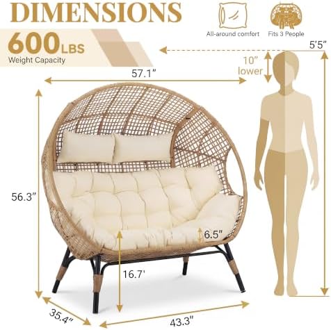 NICESOUL® Double Egg Chair Indoor Outdoor Stationary Oversized 6.5" Thick Padded Cushions,2 Person Egg Wicker Loveseat Chair, Extra Large Lounge Chair for Patio Balcony Porch Backyard Beige