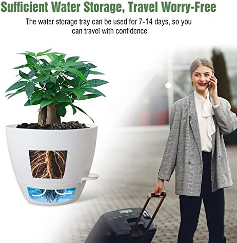 UOUZ 12inch Self Watering Pots, Plastic Planters with Mesh Drainage Holes and Deep Reservoir for Indoor Outdoor Garden Plants and Flowers, White
