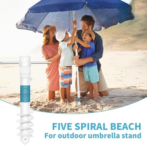 Beach Umbrella Sand Anchor, 1 Pack Outdoor Umbrella Base with 5-Spiral Screw Design & Removable Stainless Steel Handle, Beach Umbrella for Sand Holder Stand Resist Strong Winds Fits All Umbrellas