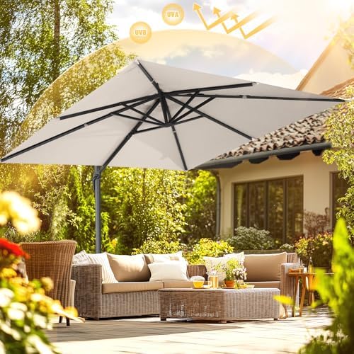 HOTIME10x10ft Patio Umbrella Cantilever Umbrella - Upgrade and Intensify - with 360 Rotation and 5 Angles Adjustment - Aluminum Offset Pool Umbrella Square Outdoor Umbrellas for Patio Garden Deck Pool, Beige