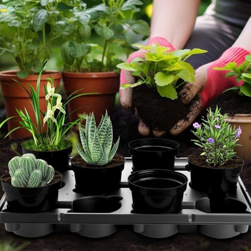 BTPLASTIK 12 Cell Round Nursery Pots Trays 8 Pack, Sturdy Carrying Trays for Holding 4 Inch Plant Pots, Thickened Plastic Seeding Planting Tray, Black
