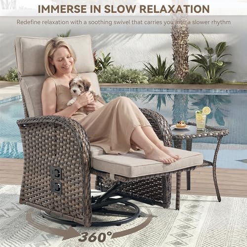 Zero Gravity Patio Swivel Recliner Chair - Wicker Outdoor Lounge Chair with Adjustable Backrest & Footrest, All Weather Reclining Rocker Chairs with Thick Cushion for Pool Deck Beige