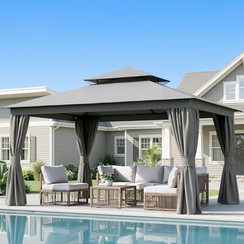 10'x12' Outdoor Patio Gazebo Canopy with Double Roofs and Mosquito Nettings
