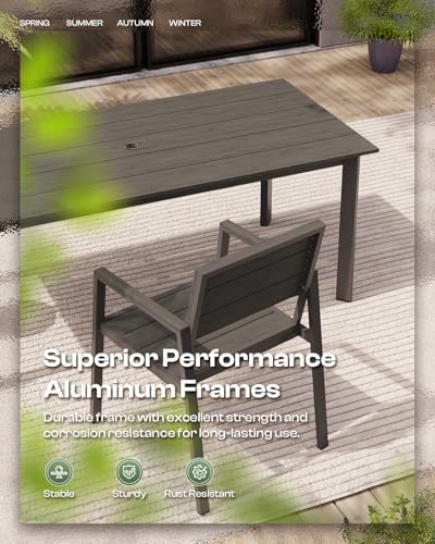 67" Rectangle HDPS Patio Dining Table, Aluminum Outdoor Patio Dining Table with Umbrella Hole, Weather-Resistant for Lawn, Garden, Yard, Poolside and Indoor Use (Gray & Teak)