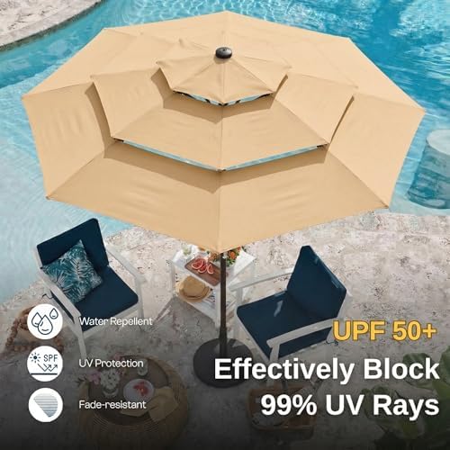 10ft 3 Tier Patio Umbrella, Outdoor Market Table Umbrella with UPF 50+ Vented Canopy, 8 Sturdy Ribs, Easy Push Button Tilt and Crank, Windproof for Deck, Pool, Backyard and Garden