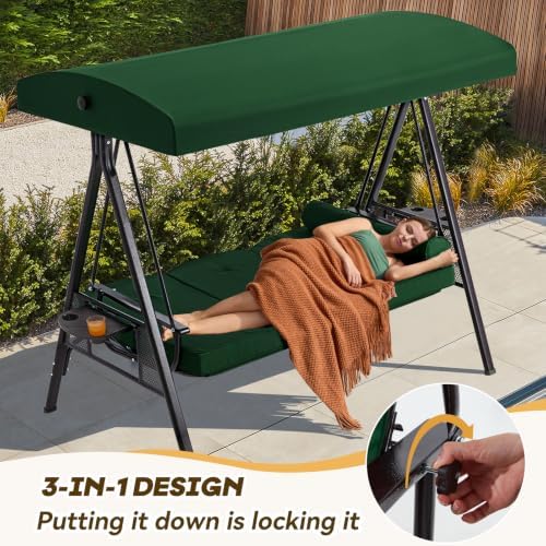 3 Seat Outdoor Patio Porch Swing with Adjustable Canopy, 3 in 1 Swing for Adults, Patio Swing Chair with Thickened Cushions,Pillows & Cup Holders for Backyard, Porch, Garden (Green)