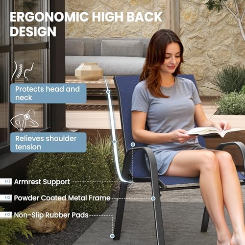 Patio Dining Chairs Set of 4, Outdoor Stackable Dining Chairs High Back for All Weather, for Backyard, Porch, Garden, Pool Deck, Navy Blue