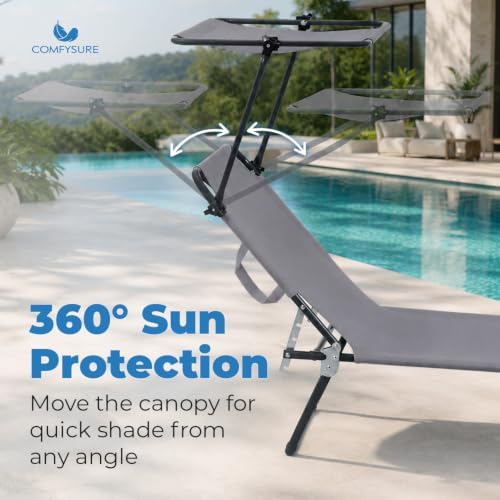 ComfySure Folding Outdoor Lounge Chair with Canopy - Portable & Adjustable Beach Lounge Chair - 5-Positions, Carry Handles, 600D Fabric, 220 lbs Capacity – Tanning Chaise Lounge for Beach, Patio