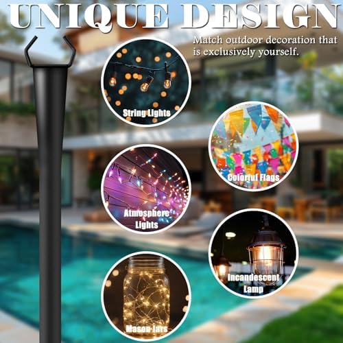 10Ft String Light Poles 4 Pack for Outside, Metal Outdoor Light Poles with 5 Prongs for Garden Patio Backyard Deck, Fence Bracket Hanging Light for Party Wedding Decor