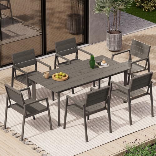 67" Rectangle HDPS Patio Dining Table, Aluminum Outdoor Patio Dining Table with Umbrella Hole, Weather-Resistant for Lawn, Garden, Yard, Poolside and Indoor Use (Gray & Teak)
