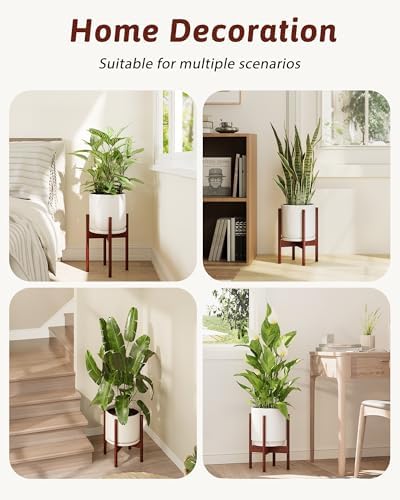 GENTINGBRO Adjustable Plant Stand Indoor, Bamboo Plant Stand Fits 8 9 10 11 12 Inches, Small Corner Planter Holder for Indoor Plants, Single Floor Plant Stands for Living Room Balcony, Reddish Brown