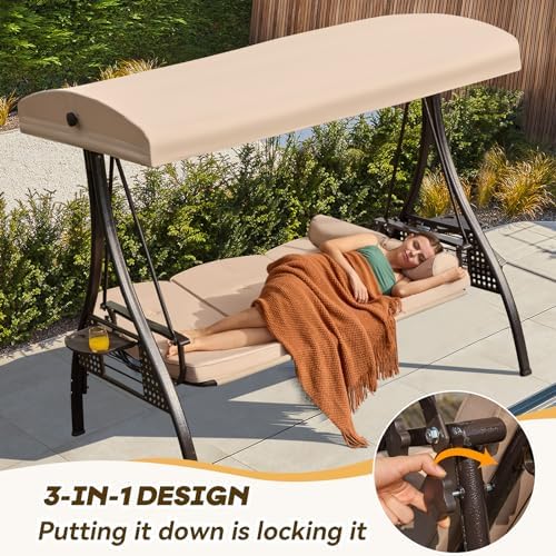 3 Seat Outdoor Swing for Adults, Patio Swing Chair with Thickened Cushions,Pillows & Cup Holders for Backyard, Porch, Garden (White)