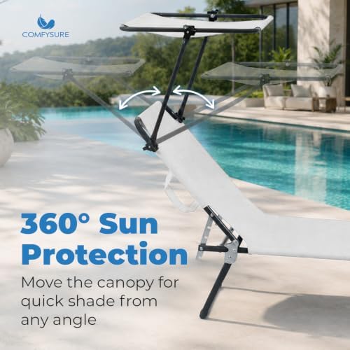 Folding Outdoor Lounge Chair with Canopy - Portable & Adjustable Beach Lounge Chair - 5-Positions, Carry Handles, 600D Fabric, 220 lbs Capacity – Tanning Chaise Lounge for Beach, Patio (2, Cream)