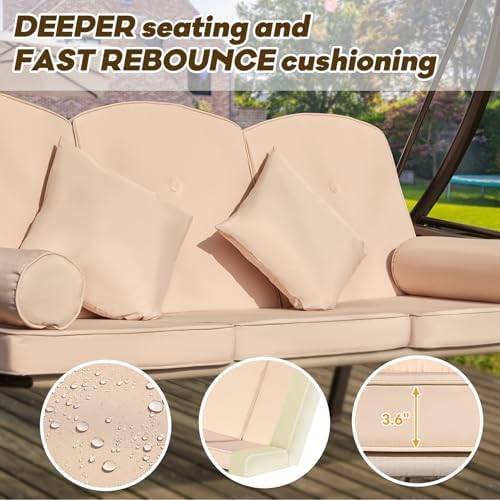 3 Seat Outdoor Swing for Adults, Patio Swing Chair with Thickened Cushions,Pillows & Cup Holders for Backyard, Porch, Garden (White)