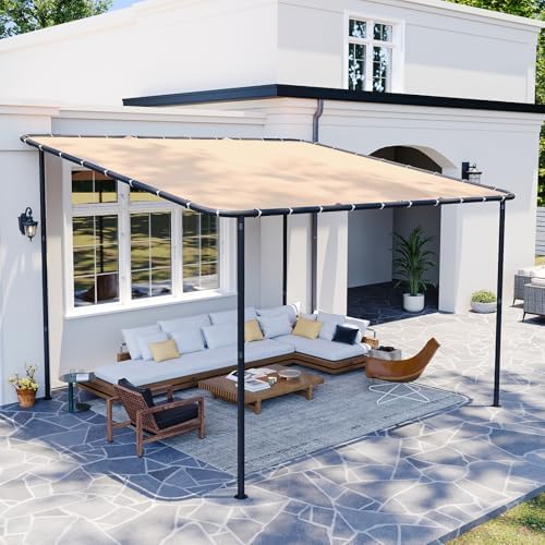 10x12 Lean to Pergola Outdoor Gazebo with Water Resistant & UV-Resistant, Sloped Roof Awning Wall-Mounted Canopy for Patio Backyard, Deck, or Garden Khaki