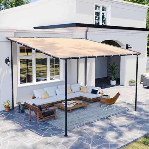 10x12 Lean to Pergola Outdoor Gazebo with Water Resistant & UV-Resistant, Sloped Roof Awning Wall-Mounted Canopy for Patio Backyard, Deck, or Garden Khaki