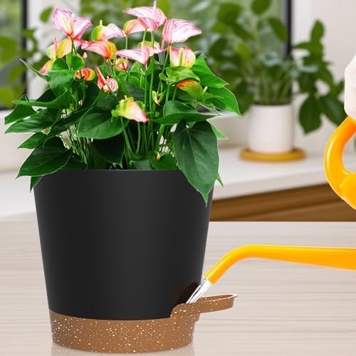 12 inch Large Self Watering Pots for Indoor Plants, Plastic Planters Pots with Multi-Mesh Drainage Holes and Saucer, Flower Pot for Indoor and Outdoor Garden Plants (Black with Brown)