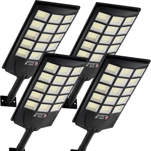 Solar Lights Outdoor Waterproof, 6500K Dusk to Dawn Solar Street Light Motion Sensor with Remote, LED Security Flood Light for Outside Garden Yard Path, Oudoor Parking Lot Lights, 4PACK