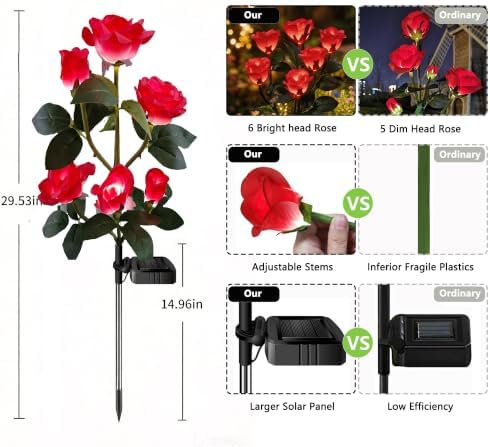 Solar Garden Lights Outdoor, 2 Pack Realistic Rose Flower Stake