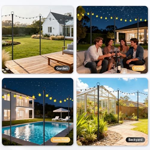 10Ft String Light Poles 6 Pack,Light Poles for Outside Lights,Outdoor with Fence Brackets Hanging Lights,Metal Stand Deck Patio Backyard