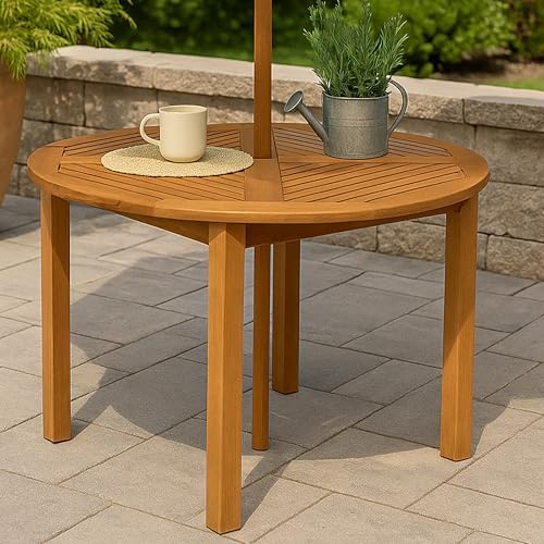 Sunnydaze Meranti Wood 42-Inch Round Patio Dining Table with Umbrella Hole
