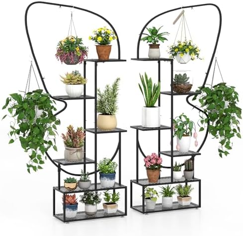 Giantex 2 Pack 6-Tier Plant Stand Indoor, Butterfly-Shaped Metal 73” Tall Ladder Plant Shelf w/ 4 Hanging Hooks, Outdoor Flowerpot Display Rack for Multiple Plants Living Room Balcony Patio Garden