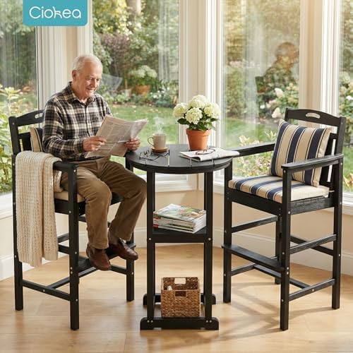 Ciokea Outdoor High Top Bar Set of 3, Space-Saving Bistro Table and Chairs, All-Weather Small Bar Set with Storage Shelf, Round Table with 2 Oversized Adirondack Chairs for Balcony Deck, Black
