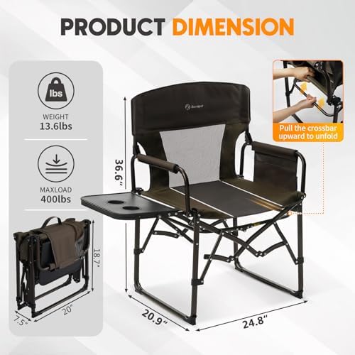 Directors Chair Foldable with Side Table, 400lb Heavy Duty for Adults Outdoor, Folding Camping Chair for Sideline Sports, Fishing, Patio, Lawn, Picnic, Beach, 2-Pack Brown